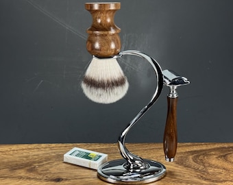 Handmade 3PC Men's Shaving Set: Wood Razor, Brush, Metal Stand + 5 Blades