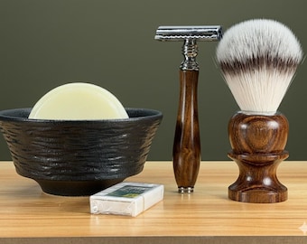 Personalized Shaving Set, Wood Handle Brush, Razor, Black Ceramic Pottery Bowl Gift for Him