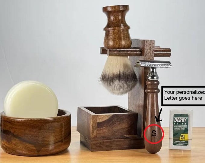 Handmade Wood Shaving Set: Safety Razor, Brush, Soap Bowl - Men's Gift