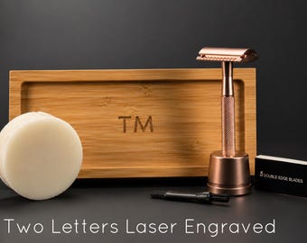 Rose Gold Safety Razor Set • Reusable Metal Shaving, 5 Blades, Bamboo Tray