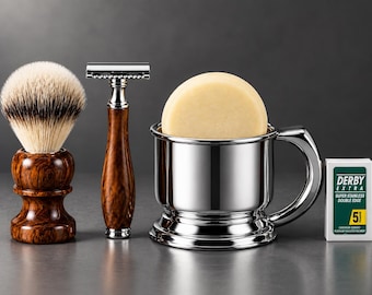Handcrafted Traditional Shaving Gift Set English Pewter Mug Wood Brush Safety Razor Soap & Blades