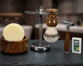 Personalized Wood Shaving Set: Safety Razor, Brush, Bowl, 4 Prong Metal Stand, Soap & Blades