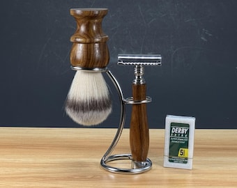 Men's Shaving Set: Wood Handle Safety Razor, Faux Badger Brush, Chrome Stand