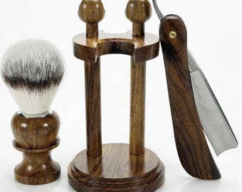 Kit de afeitado de madera hecho a mano para hombre, con brocha de pelo sintético, navaja de afeitar y soporte (juego de 3 piezas).