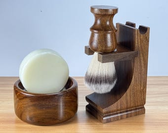 Handmade Wood Shaving Kit: Brush, Soap, Bowl & Stand - Men's Gift