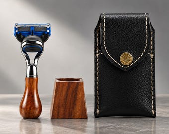 Rosewood Handle Mini Fusion Razor Set: Travel Case, Belt Loop, Wood Stand