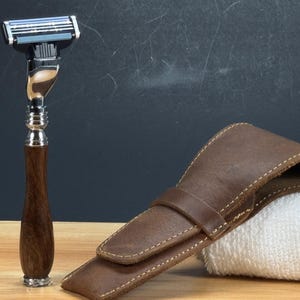 3 mesjes cartridge Scheermes houten handvat Scheermes Voor Gillette Mach 3 Venus-mesjes Distressed lederen Reizen opbergtasje Man Lady