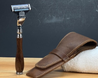 Handmade Wood Razor: Gillette Mach 3 / Venus Compatible, Distressed Leather Pouch