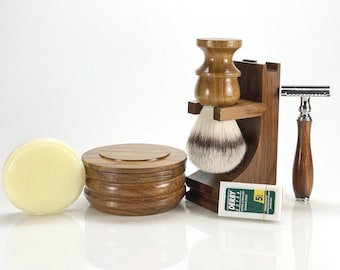 Kit de afeitado artesanal de palisandro: maquinilla de afeitar de seguridad, brocha sintética, soporte, recipiente (jabón sin perfume).