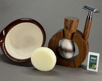 Handmade Wooden Shaving Set, Brush, Razor, Japanese Style Ceramic Pottery Bowl, Gift for Him