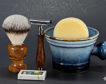 4PC Personalized Shaving Set Soap Bowl Mug Cup Ceramic Pottery Wood Safety razor brush