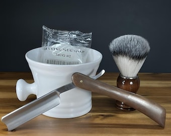 Men's Shaving Set: Cut Throat Razor, Badger Hair Brush, Ceramic Mug