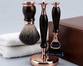 Handcrafted Ebony Wood & Rose Gold Shaving Set Fusion 5 Razor, Brush Storage Stand (3PC)