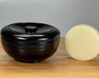 Handmade Black Wood Shaving Soap Bowl with Lid & Unscented Puck