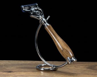 Handmade Wood Shaving Razor for Men : Gillette Fusion Flex ball Pivot Head Compatible, Steel curved storage Stand Gift set