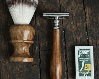 Personalized Wood Handle Safety Razor & Shaving Brush set | Custom Engraved Groomsmen Gift for Him