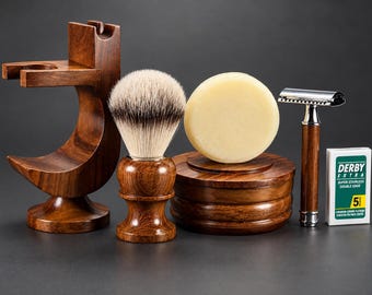 Wooden Shaving Set 5PC : Safety Razor Brush and stand Organizer Storage counter top display-Man Gift