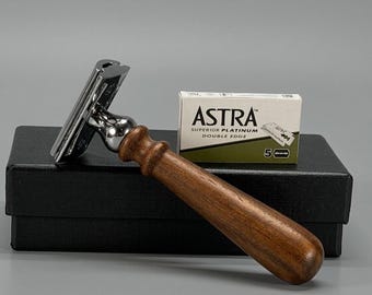 Personalized Wood Handle Safety Razor | Custom Engraved Groomsmen Gift for Him