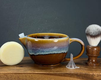 Handmade shaving scuttle ceramic pottery Blue Glazed Nutmeg wood shaving brush & soap set