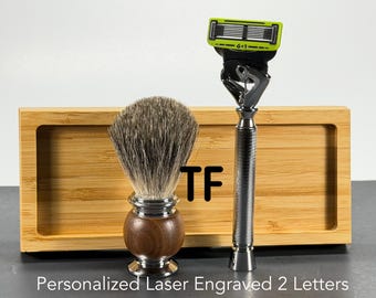Long Handle Metal Razor, Wood Shaving Brush, Bamboo Tray (Gillette Fusion 5 Compatible)