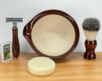 Ceramic Shave Set: Japanese Style Pottery Scuttle, Wood Brush, Safety Razor