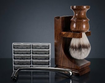 Vintage Style Trac 2 Razor metal handle Wood Stand Shaving Brush & 10 blades Pack