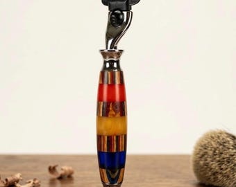 Unique Custom made Art Resin/Wood Handle Shaving 3 blade Cartridge Razor: Gillette Mach 3 Compatible