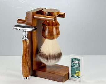 Handmade Wooden Shaving Set: Safety Razor, Vegan Brush & Stand