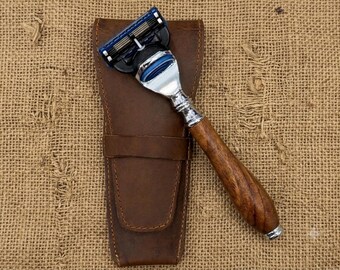 Handmade Wood Razor: Gillette Fusion 5 Compatible, Distressed Leather Pouch