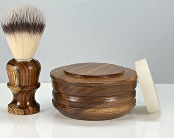 Handmade Wooden Shaving Set for Men: Bowl, Brush & Soap Puck