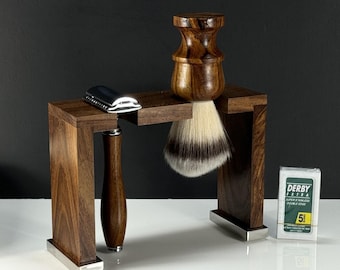 Handmade Rosewood Wet Shaving Set: Vegan Brush, Safety Razor, Display Stand