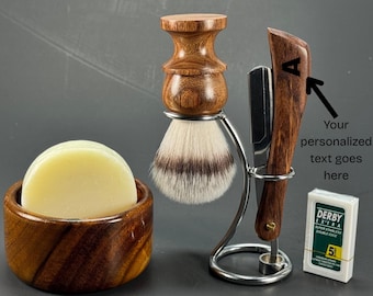 Handmade Rosewood Shaving Kit for Men: Vegan Brush, Barber Razor, Metal Stand