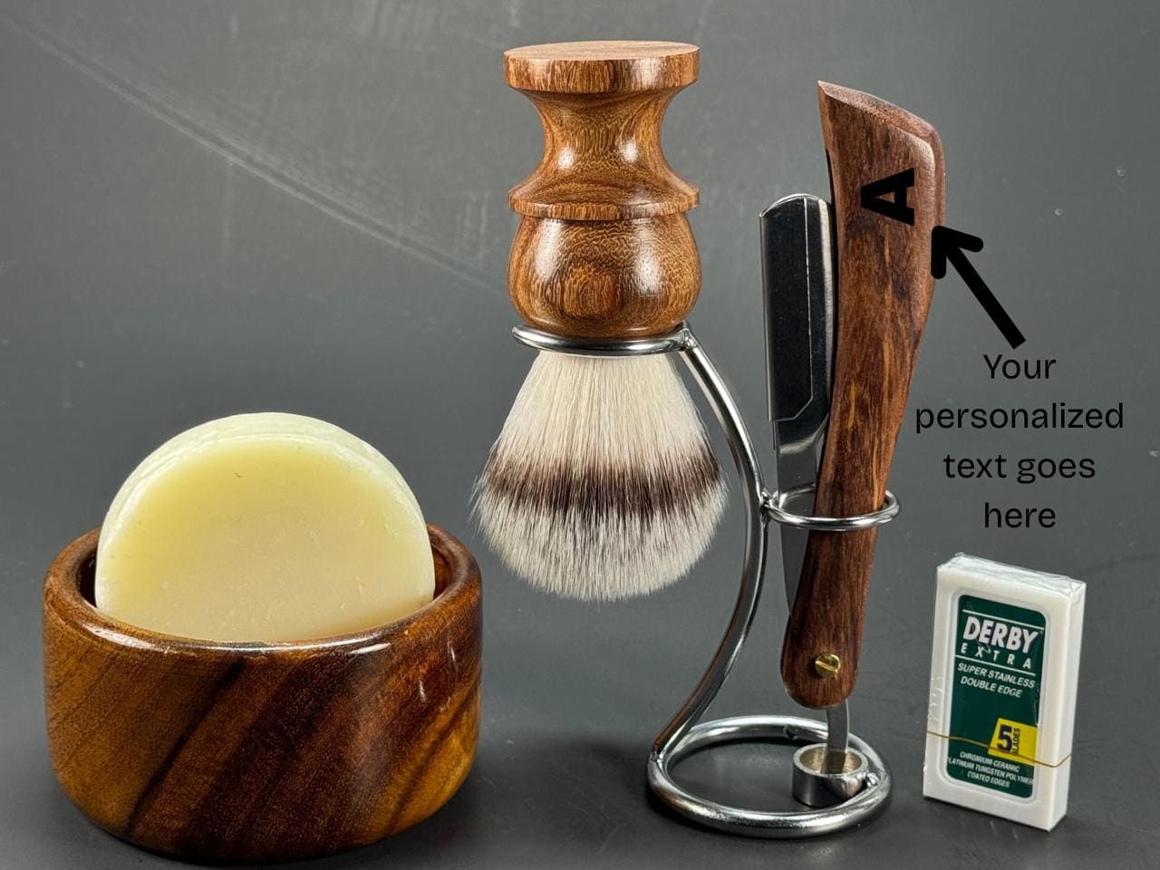 Handmade Rosewood Shaving Kit for Men: Vegan Brush, Barber Razor, Metal Stand