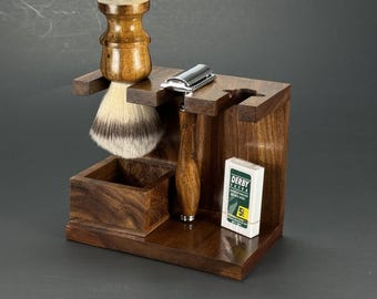 Valentines Man Gift set 4PC Wood Shave set Double Edge Classic Safety razor shaving brush stand Counter shelf Drip Tray Boyfriend groomsman