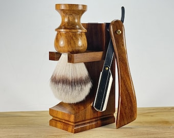 Handmade Wooden Shaving Set: Cut Throat Razor, Brush, Stand