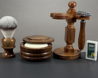 Handcrafted Wood Shaving Set: Safety Razor, Brush, Vegan Soap