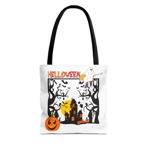 Halloween Themed Tote Bag, Trick or Treat Shopper, Spooky Season Carryall, Ghost and Pumpkin Bag, Holiday Gift, AOP Design