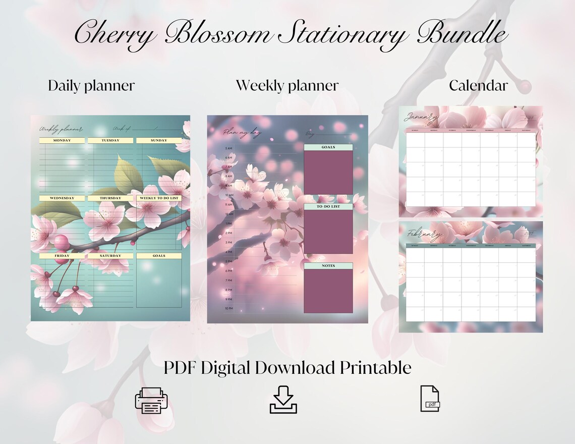 Cherry Blossom Floral Planner Bundle | Weekly, Daily & Monthly PDF ...