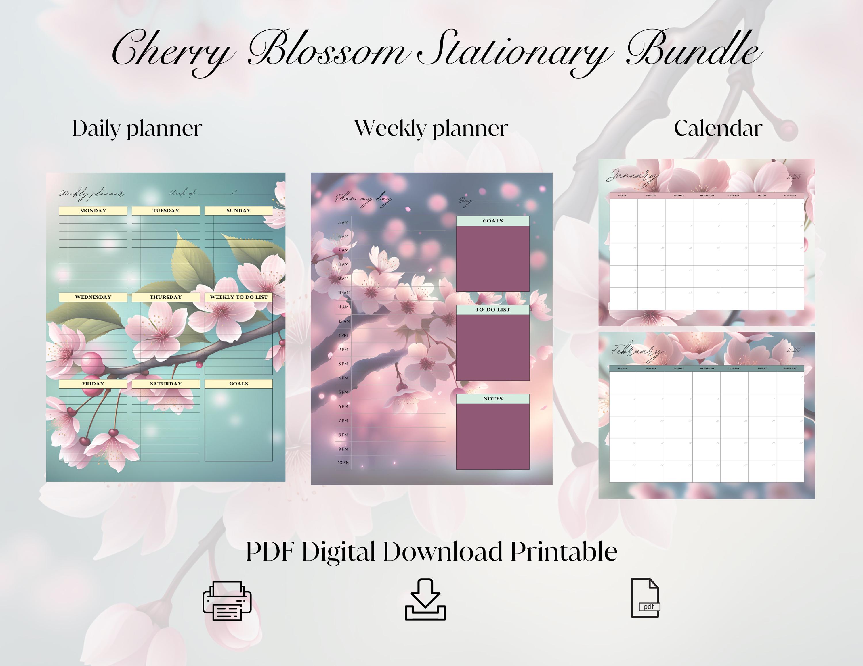 Cherry Blossom Floral Planner Bundle | Weekly, Daily & Monthly PDF ...
