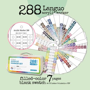 Puede incluir: Imagen de un juego de 288 rotuladores acrílicos con punta suave. El juego incluye un abanico de cartas de colores y un estuche. La carta de colores muestra una amplia gama de colores. El texto de la imagen dice "filled-color 7 pages blank swatch".