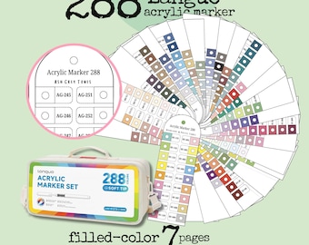 Rotuladores de pintura acrílica Languo 288, tabla de muestras de color y en blanco, descarga fácil en formato A4.