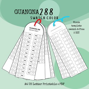 May include: Two white swatch colour cards labelled "GUANGNA 288" and "GREEN TONES" with colour samples and a blank template. The cards are connected with red and blue rings. Text includes "Blank template swatch & Free 2 DIY" and "A4 US Letter Printable: PDF".