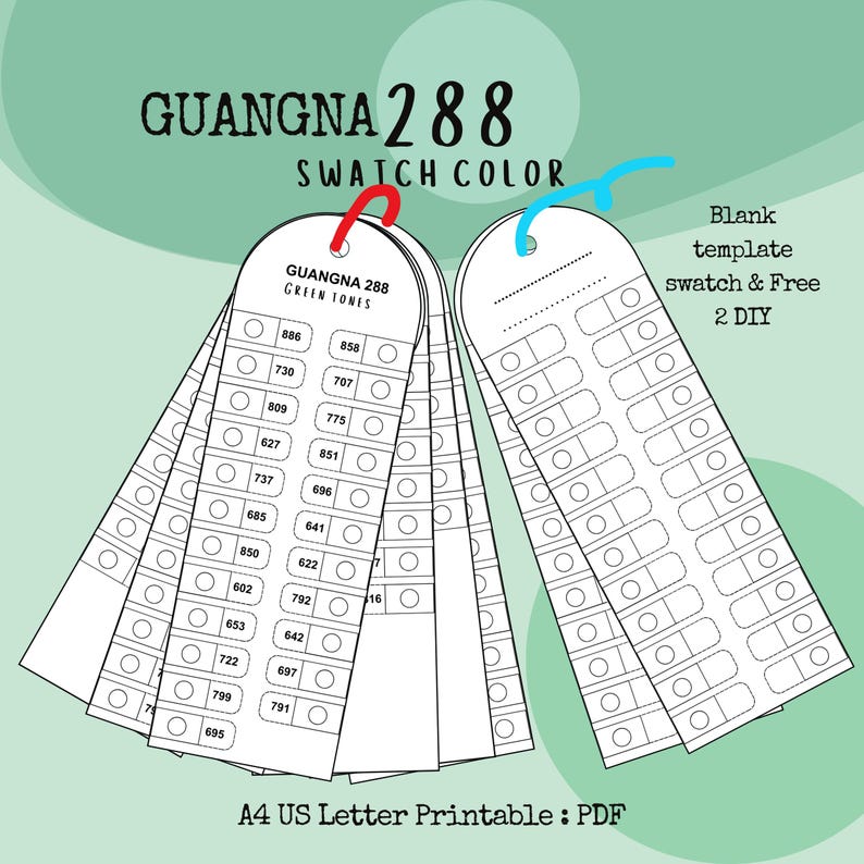 May include: Two white swatch colour cards labelled "GUANGNA 288" and "GREEN TONES" with colour samples and a blank template. The cards are connected with red and blue rings. Text includes "Blank template swatch & Free 2 DIY" and "A4 US Letter Printable: PDF".