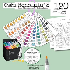Puede incluir: Set de cartas de colores Ohuhu Honolulu 2 S 120 Basic Colors Alcohol Art Markers. Incluye un estuche negro lleno de marcadores coloridos, un marcador blanco con punta de pincel y hojas imprimibles con muestras de color en forma de oso.