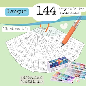 以下が含まれることがあります： Languo 144色アクリルジェルペンカラーチャート。扇状に並べられた白い紙のサンプル、オレンジ色のジェルペン、144色のジェルペンセットが含まれています。テキストには「Languo 144 acrylic Gel Pen Swatch Color」、「blank swatch」、「pdf download A4 & US Letter」と記載されています。