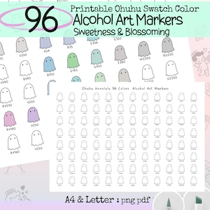 Printable 96 Ohuhu Honolulu Pastel alcohol Markers Color Swatch Charts, Cute Halloween Series Template, Boo Marker Test Sheets, PDF & PNG