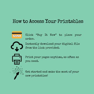 May include: A teal graphic with the text "How to Access Your Printables." Instructions include buying, downloading, and printing. Icons of a credit card, cloud, printer, and paintbrush are included.