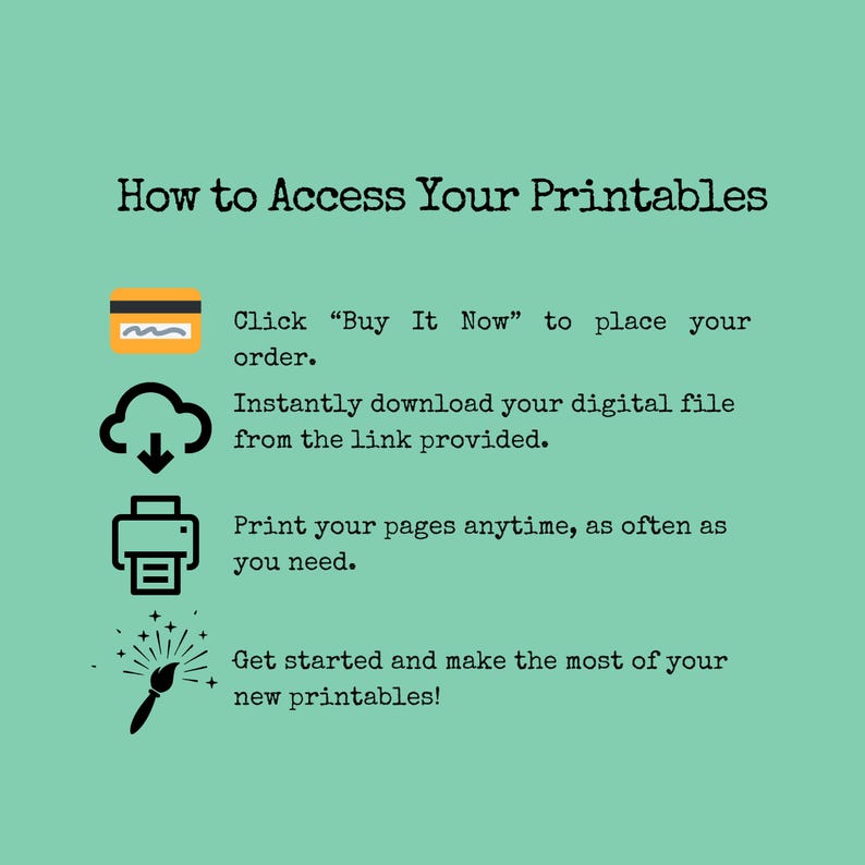 May include: A teal graphic with the text "How to Access Your Printables." Instructions include buying, downloading, and printing. Icons of a credit card, cloud, printer, and paintbrush are included.