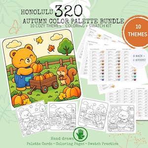 May include: A digital bundle titled HONOLULU 320 AUTUMN COLOR PALETTE BUNDLE featuring 10 cozy themes. Includes a colored illustration of a bear and squirrel with pumpkins, black and white coloring pages, and swatch kit sheets with color codes.