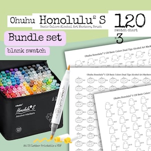 Puede incluir: Un estuche negro lleno de 120 marcadores de alcohol Ohuhu Honolulu 2 S, un marcador individual y tres tablas de muestras imprimibles en formato A4 con contornos de coches, calabazas y fantasmas para probar los colores básicos.